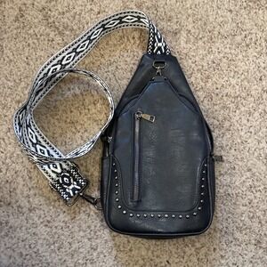 Sam & Hadley Black Studded Sling Bag with Adjustable Strap Aztec Boho Edgy